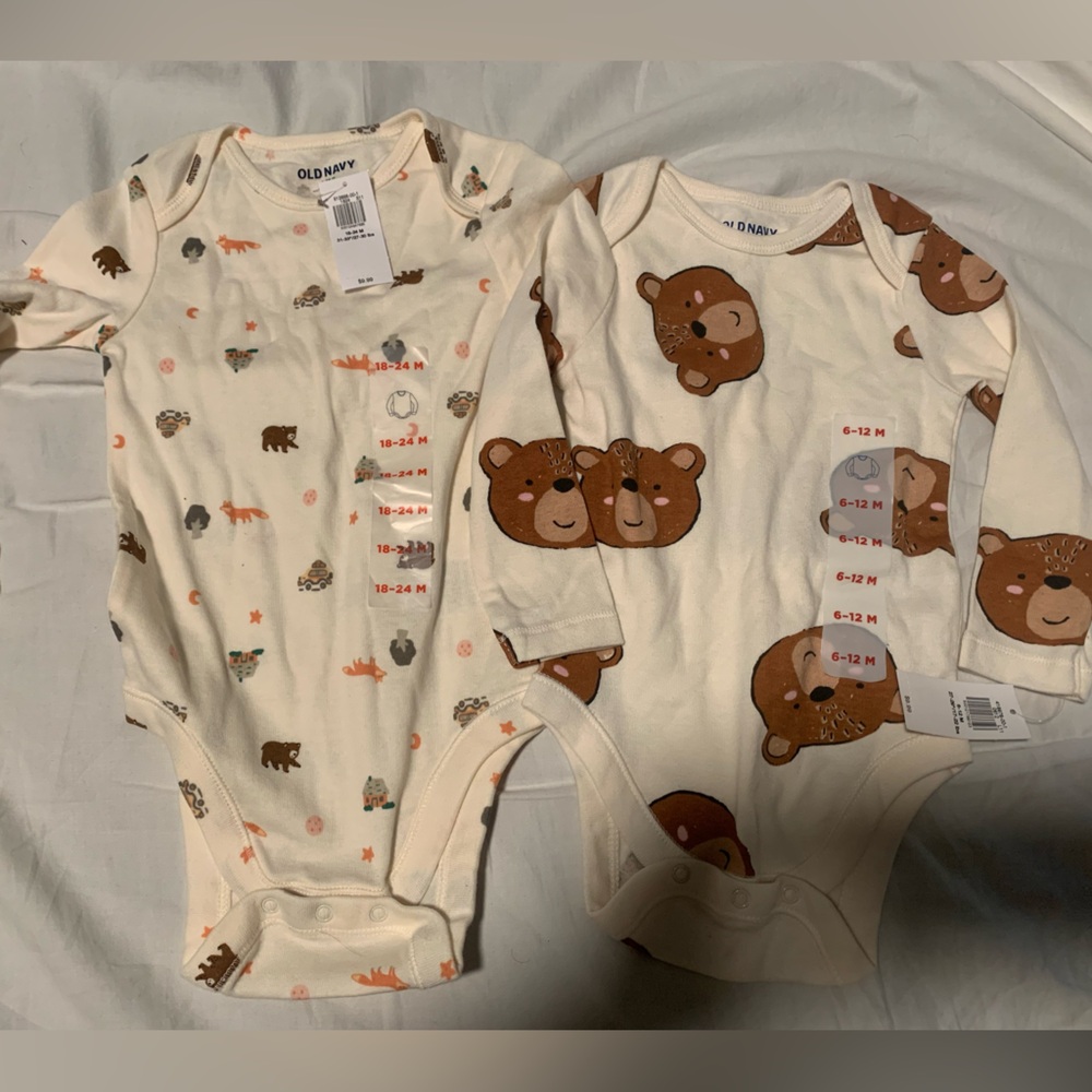 Old Navy Kids Bodysuits - Cream with Animal Prints and Brown Bears ** 2 onesies!